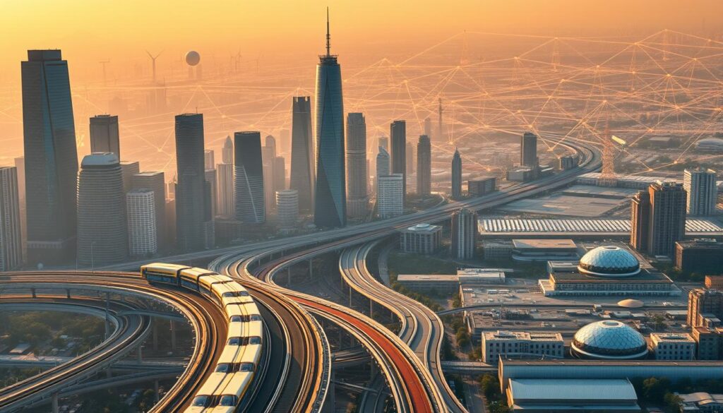 A bustling smart city skyline at golden hour, with towering skyscrapers and gleaming infrastructure. In the foreground, a network of elevated rail lines and automated transport pods glide smoothly across the urban landscape. The middle ground features intricate web-like structures of fiber optic cables, IoT sensors, and communication relays, all seamlessly integrated into the cityscape. In the background, a sprawling network of renewable energy grids, water treatment facilities, and waste management systems come together to form a sustainable, self-sufficient ecosystem. The scene is illuminated by warm, diffused lighting, creating a sense of technological harmony and progress.