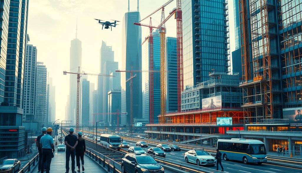 A bustling smart city skyline, with towering skyscrapers and gleaming high-tech infrastructure. In the foreground, a team of civil engineers oversees the construction of a new sustainable building, using advanced digital modeling and robotics. Cranes and scaffolding dot the scene, with a drone surveying the progress. In the middle ground, autonomous vehicles navigate seamless transportation networks, while pedestrians interact with interactive displays and smart city sensors. The background is bathed in a warm, futuristic glow, conveying a sense of technological progress and urban innovation. The overall scene captures the dynamic intersection of civil engineering and smart city technology, shaping the cities of tomorrow.