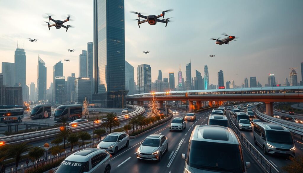 A bustling smart city skyline with towering skyscrapers and sleek, futuristic transportation hubs. In the foreground, a network of autonomous electric vehicles seamlessly navigating the streets, their clean lines and advanced sensors gleaming under the warm glow of streetlights. Hovering above, drones and flying cars crisscross the skyline, while in the background, a high-speed rail system cuts through the urban landscape, connecting the city to the world beyond. The scene is bathed in a soft, ambient light, conveying a sense of technological harmony and efficient urban mobility.