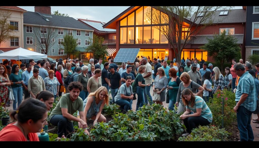 A bustling town square, filled with diverse community members engaged in various resilience initiatives. In the foreground, a group of volunteers tending to a community garden, their faces alight with determination. In the middle ground, a solar energy cooperative meeting, with residents discussing renewable power solutions. In the background, a beautifully designed community center, its windows aglow with warm lighting, symbolizing the hub of resilience efforts. The scene is captured with a wide-angle lens, conveying a sense of unity and collaboration, as the community works together to address the challenges of climate change. The overall mood is one of optimism and empowerment, reflecting the resilience and ingenuity of the people.