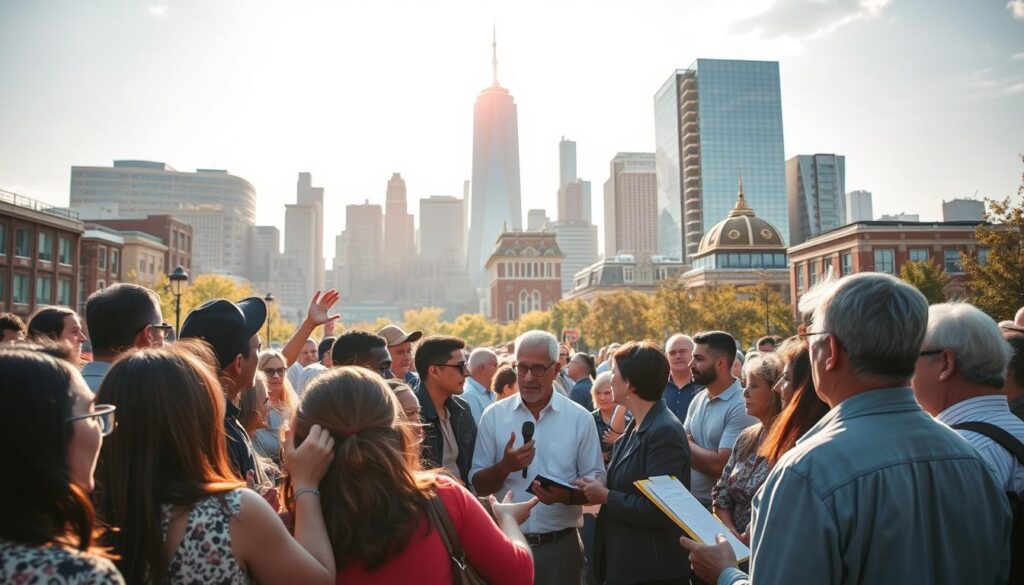 A bustling town square with residents of diverse backgrounds engaged in a lively discussion on urban planning. In the foreground, a group of citizens gesticulate passionately, sharing their visions for the community's future. The middle ground features a panel of local officials and urban designers, listening intently and taking notes. In the background, a towering city skyline with a mix of modern and historic architecture sets the stage. Warm, golden sunlight filters through, creating a sense of optimism and collaboration. The scene is captured with a wide-angle lens, emphasizing the inclusive and dynamic nature of the public input process.