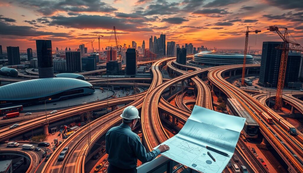A bustling transportation engineering hub, showcasing a diverse array of career paths. In the foreground, a team of engineers poring over detailed blueprints, planning the construction of a sleek, modern interchange. In the middle ground, a network of highways and railways weave through the cityscape, with construction crews working tirelessly to improve infrastructure. In the background, a panoramic view of the city skyline, where towering skyscrapers and cranes dot the horizon, symbolizing the endless possibilities for transportation engineering innovation. Warm, directional lighting illuminates the scene, casting dramatic shadows and highlighting the intricate details of the various transportation modes. Captured through a wide-angle lens, the image conveys the dynamic and multifaceted nature of a transportation engineering career.