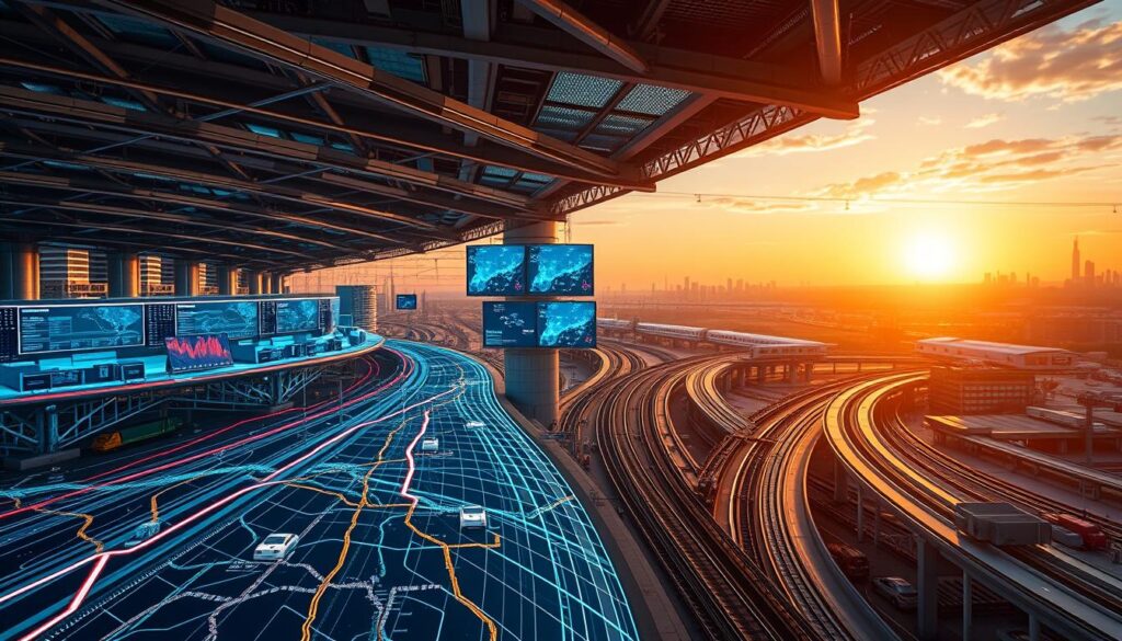 A bustling transportation hub, its intricate network of roads, railways, and air routes illuminated by the warm glow of a setting sun. In the foreground, a detailed digital map pulsates with data visualizations, optimizing the flow of people and goods. The middle ground features a futuristic control center, its large screens displaying real-time traffic patterns and logistical analytics. In the background, a cityscape stretches out, its skyscrapers and infrastructure testaments to the power of transportation optimization. The scene conveys a sense of efficiency, progress, and the relentless pursuit of improving mobility.