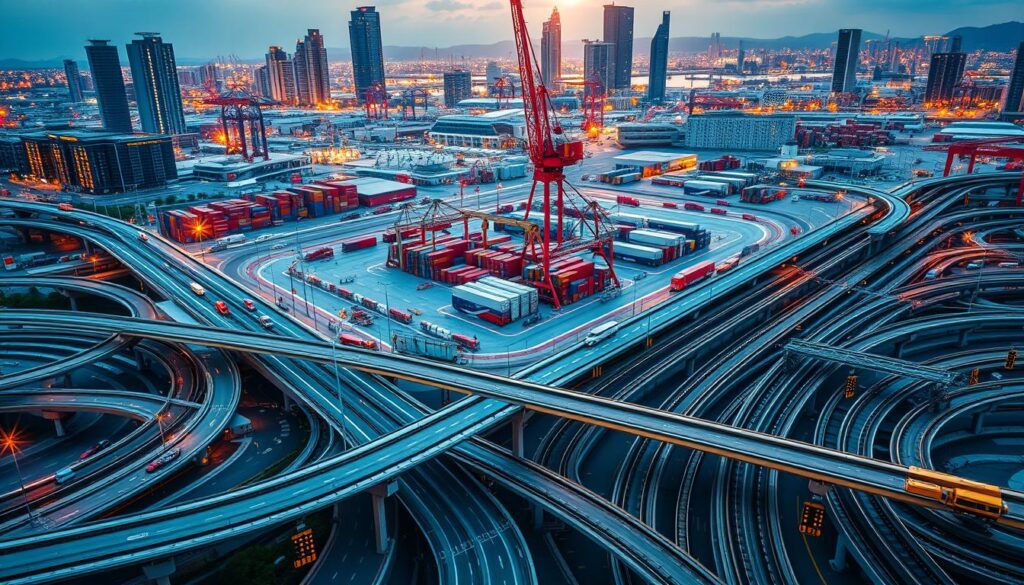 A bustling transportation hub with intricate infrastructure management systems. In the foreground, a network of roads, railways, and bridges seamlessly interconnect, with traffic signals and signage guiding the flow of vehicles and pedestrians. In the middle ground, a modern logistics center with cranes, cargo containers, and efficient loading/unloading operations. In the background, towering skyscrapers and a vibrant cityscape bathed in warm, golden lighting, conveying a sense of dynamic progress and technological advancement. The scene is captured from a high, overhead angle, emphasizing the complexity and scale of the transportation asset management strategies at work.