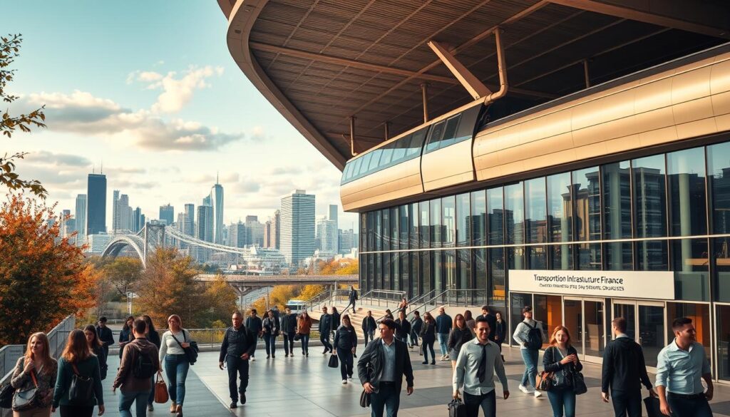 A bustling university campus with a grand, modern transportation hub at its center. In the foreground, students and faculty hurry to and fro, briefcases and backpacks in hand. Overhead, a gleaming monorail glides silently, connecting the campus to the broader transportation network. In the middle ground, a well-appointed lecture hall with large windows overlooks the hub, its facade adorned with signage highlighting "Transportation Infrastructure Finance" courses. The background features a cityscape of skyscrapers and towering bridges, a testament to the vital role of transportation in a thriving urban landscape. Warm, golden lighting bathes the scene, conveying a sense of productivity and opportunity.