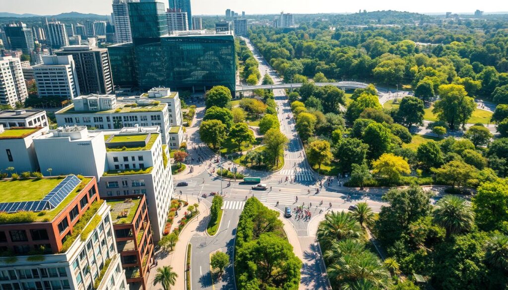 A bustling urban cityscape with a focus on sustainable infrastructure and green spaces. In the foreground, modern high-rise buildings with green rooftops and solar panels lining their facades. In the middle ground, an intricate network of pedestrian walkways, bike lanes, and electric public transport systems. In the background, lush parks and gardens teeming with diverse flora and fauna. Dappled sunlight filters through the canopy of trees, casting a warm, natural glow over the scene. The overall atmosphere conveys a harmonious balance between urban development and environmental preservation, reflecting a forward-thinking approach to city planning.