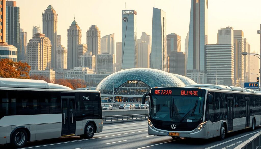 A bustling urban cityscape, with a state-of-the-art public transportation network at its heart. In the foreground, sleek, high-capacity electric buses glide smoothly along dedicated lanes, their efficient drivetrain and advanced sensor systems enabling seamless traffic flow. In the middle ground, a modern metro station stands tall, its curved glass facade and illuminated signage drawing commuters from all directions. The background is a tapestry of towering skyscrapers, their angular forms accentuated by warm, diffused lighting that creates a sense of technological sophistication. The scene is bathed in a soft, golden glow, conveying a vision of a sustainable, future-oriented urban mobility ecosystem.