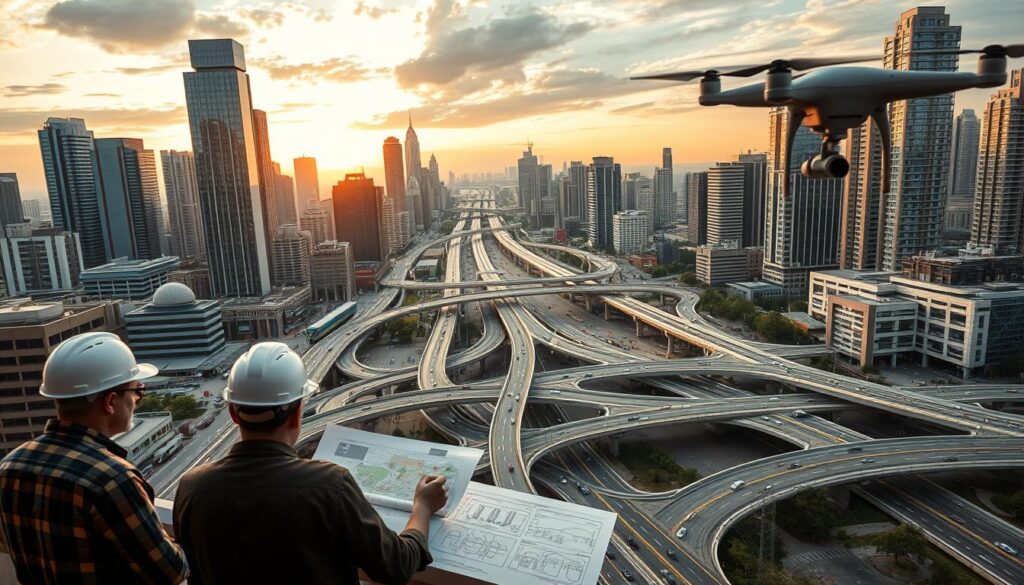 A bustling urban cityscape, with towering skyscrapers and busy streets. In the foreground, a group of transportation engineers pore over detailed blueprints, collaborating on a new transportation plan. The middle ground features a network of highways, bridges, and public transit systems, all seamlessly integrated. In the background, a drone camera captures an aerial view, revealing the interconnected web of pedestrian walkways, bike lanes, and efficient traffic flows. The scene is illuminated by the warm glow of sunset, casting a serene, contemplative atmosphere over the carefully designed transportation infrastructure.