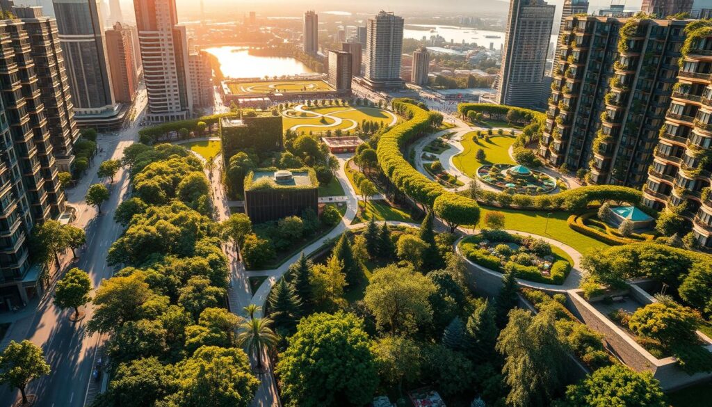 A bustling urban cityscape with vibrant green infrastructure woven throughout. In the foreground, lush tree-lined sidewalks and bioswales filter stormwater runoff. In the middle ground, expansive green roofs and vertical gardens adorn high-rise buildings, creating pockets of natural oases. In the background, a scenic park with winding pathways, native plants, and a shimmering lake reflects the surrounding architecture. Warm, golden sunlight bathes the scene, highlighting the harmonious integration of nature and the built environment. The overall mood is one of sustainability, community, and a thriving eco-system within the urban landscape.