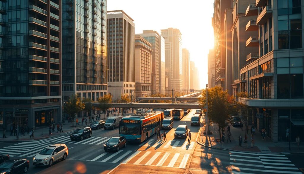 A bustling urban intersection, cars and buses navigating the roads, pedestrians traversing crosswalks against a backdrop of modern high-rise buildings. The scene is bathed in warm, golden light, casting long shadows on the ground. Sleek public transit vehicles, like light rail or subway trains, emerge from the distance, connecting the various neighborhoods and commercial centers. The buildings feature a mix of residential, office, and retail spaces, showcasing the integrated, mixed-use nature of a thriving transit-oriented development. Soft, blurred edges create a sense of depth and movement, emphasizing the dynamic, vibrant nature of this urban hub.