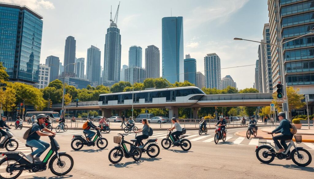 A bustling urban intersection showcasing a diverse array of sustainable transportation solutions. In the foreground, sleek electric bicycles and scooters zip through the streets, their riders commuting efficiently and emissions-free. In the middle ground, a modern light rail system glides along elevated tracks, its futuristic design blending seamlessly with the cityscape. In the background, towering skyscrapers and green parks create a vibrant, livable environment, powered by renewable energy sources. The scene is bathed in warm, golden sunlight, captured by a wide-angle lens to convey a sense of scale and integration. This image embodies the benefits of intermodal transport engineering, where diverse, interconnected modes work in harmony to reduce environmental impact and streamline urban logistics.