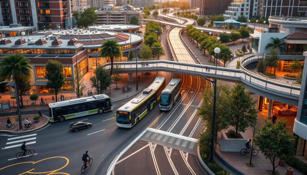 A bustling urban intersection showcasing sustainable transportation infrastructure. In the foreground, a dedicated bike lane winds through the scene, with cyclists navigating the streets. In the middle ground, electric buses and trams glide along dedicated transit corridors, their clean energy powertrains humming softly. In the background, a network of pedestrian walkways and greenery-lined promenades connect residential areas to commercial hubs, promoting a walkable, community-centric design. Warm, diffused lighting casts a welcoming glow, while the architectural elements seamlessly integrate renewable energy sources and climate-responsive features. The overall scene conveys a sense of harmony, efficiency, and a vibrant, inclusive public realm.