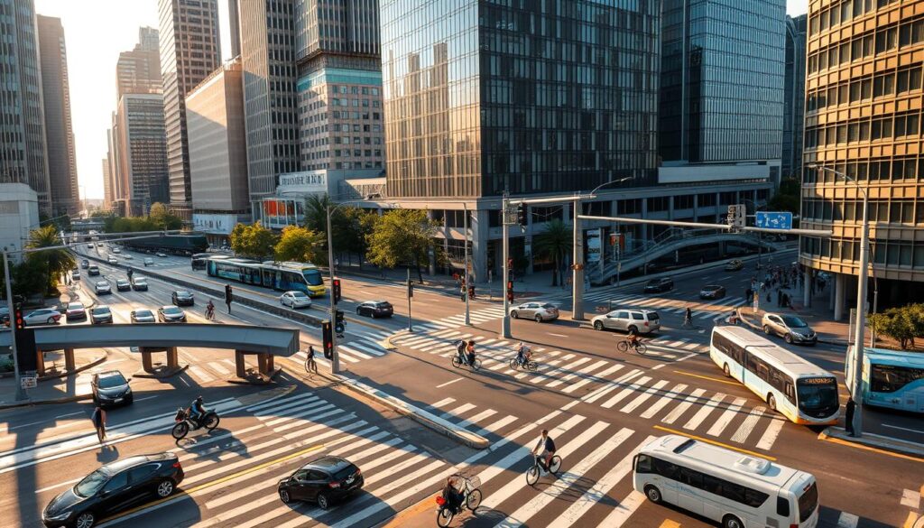 A bustling urban intersection, where transportation planning and design take center stage. In the foreground, intricate road networks and signaling systems guide the flow of traffic. Towering skyscrapers and modern architecture backdrop the scene, casting dramatic shadows under a warm, golden hour lighting. Vehicles of all kinds - sleek electric cars, agile bicycles, and efficient public transport - navigate the carefully orchestrated intersections, showcasing the seamless integration of different modes of transportation. The image conveys a sense of efficiency, innovation, and a focus on sustainable urban mobility, reflecting the roles and responsibilities of transportation engineers in shaping the future of our cities.
