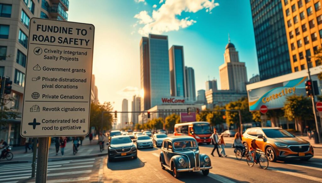 A bustling urban intersection, with cars and pedestrians navigating the streets. In the foreground, a signpost highlights various funding opportunities for road safety projects, such as government grants, private donations, and community-led initiatives. The middle ground features a mix of modern and vintage vehicles, with cyclists and pedestrians sharing the space. In the background, towering skyscrapers and a vibrant skyline set the scene. Warm, golden lighting casts a welcoming glow, conveying a sense of progress and investment in public infrastructure. The overall composition emphasizes the importance of securing resources to enhance road safety, making the streets safer for all users.