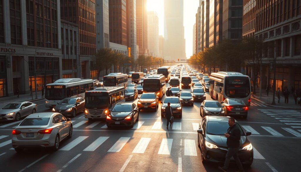 A bustling urban intersection, with cars, buses, and pedestrians navigating the intricate dance of traffic. Captured in a cinematic wide-angle view, the scene is bathed in warm, golden light filtering through the skyscrapers in the background. Vehicles of various makes and models move through the intersection, their headlights and taillights creating a mesmerizing pattern of illumination. Pedestrians cross the streets, their silhouettes casting long shadows on the asphalt. The overall atmosphere conveys a sense of energy and urban vitality, showcasing the real-world applications of advanced traffic simulation software.
