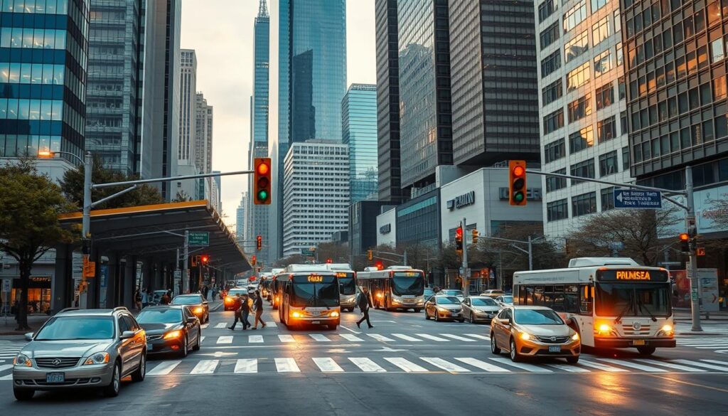 A bustling urban intersection with improved traffic flow. In the foreground, cars and buses navigate smoothly through the intersection, their headlights casting warm, golden illumination. In the middle ground, pedestrians cross the street at designated crosswalks, their movements choreographed by synchronized traffic signals. The background features towering skyscrapers, their glass facades reflecting the dynamic cityscape. The scene is captured from a slightly elevated angle, conveying a sense of order and efficiency within the urban landscape. The overall mood is one of organized progress, with the traffic flow improvements seamlessly integrating the needs of both vehicles and pedestrians.