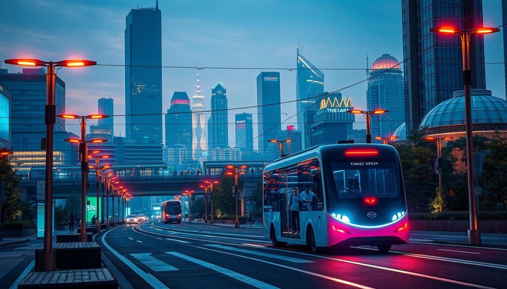 A bustling urban landscape, bathed in the warm glow of futuristic streetlights. In the foreground, an innovative electric shuttle glides silently, its sleek design and vibrant colors turning heads. In the middle ground, a network of elevated rail lines criss-crosses the skyline, carrying commuters to their destinations with efficiency and ease. In the background, towering skyscrapers and domed structures hint at the advanced infrastructure powering this smart city's transportation revolution. The scene radiates an atmosphere of progress, sustainability, and the seamless integration of technology into everyday urban life.