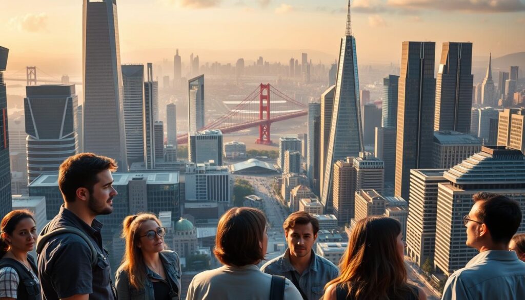 A bustling urban landscape of towering skyscrapers and state-of-the-art tech hubs, bathed in a warm, golden glow. In the foreground, a group of software engineers in casual attire engage in animated discussions, their faces reflecting the excitement of emerging technologies and the allure of lucrative salaries. The middle ground showcases a vast array of sleek, futuristic office buildings, their reflective facades mirroring the dynamism of the tech industry. In the background, a vibrant skyline of Silicon Valley's iconic landmarks, like the Golden Gate Bridge, creates a sense of place and the region's global prominence. The overall atmosphere conveys the synergy between cutting-edge innovation, rewarding careers, and the unparalleled opportunities found in this tech mecca.