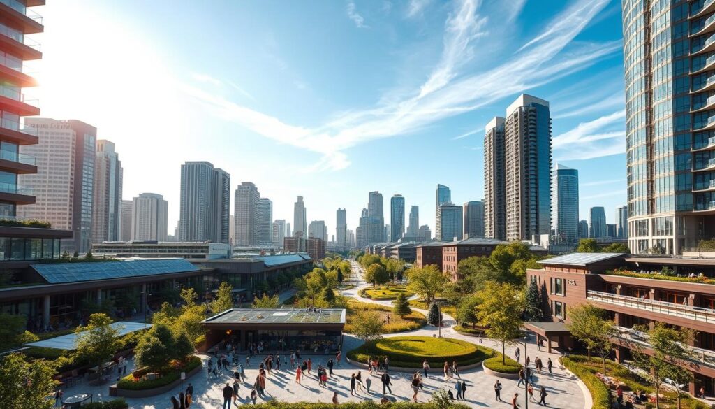 A bustling urban landscape, showcasing sustainable planning practices. In the foreground, a vibrant public plaza with people gathered, enjoying outdoor seating and lush greenery. In the middle ground, energy-efficient buildings with solar panels and green roofs seamlessly integrated into the cityscape. The background features towering skyscrapers with sleek, modern designs, interspersed with parks and pedestrian-friendly pathways. Warm sunlight filters through, casting a soft glow over the scene. Overhead, a clear blue sky with wispy clouds. The overall atmosphere conveys a sense of community, harmony, and environmental consciousness.