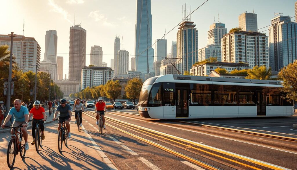 A bustling urban landscape showcasing sustainable transport solutions. In the foreground, a group of cyclists navigate dedicated bike lanes, their vibrant outfits and sleek bicycles reflecting the forward-thinking nature of the scene. In the middle ground, a modern electric tram glides smoothly along the rails, its sleek design and quiet operation emphasizing its eco-friendly nature. In the background, towering skyscrapers with solar panels on their roofs and lush rooftop gardens create an impression of a city embracing renewable energy and green spaces. Warm, golden lighting bathes the entire scene, highlighting the harmonious integration of technology and nature, creating a vision of a sustainable, livable future.