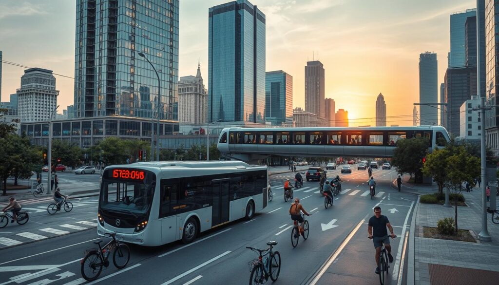 A bustling urban landscape, teeming with interconnected modes of transportation. In the foreground, a sleek electric bus navigates through a web of bike lanes, where cyclists weave between pedestrians on the sidewalk. In the middle ground, a monorail glides silently overhead, its chrome chassis reflecting the vibrant city lights. In the background, skyscrapers of glass and steel rise, their windows shimmering under the warm glow of a sunset. The scene exudes a sense of efficiency and harmony, where diverse transport options converge to create a seamless, eco-friendly commuting experience.