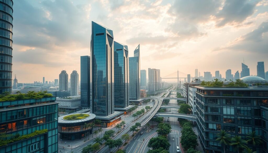 A bustling urban landscape, where cutting-edge architectural designs and innovative infrastructure solutions converge to create a vibrant, sustainable future. In the foreground, sleek high-rise buildings with modern glass facades and striking geometric shapes stand tall, their rooftops adorned with lush greenery and renewable energy systems. The middle ground showcases a network of pedestrian-friendly walkways, bicycle lanes, and efficient public transportation hubs, all seamlessly integrated to reduce carbon emissions and promote community engagement. In the background, towering bridges, elevated parks, and smart city technologies come together to form a harmonious, future-forward cityscape, illuminated by warm, diffused lighting that casts a hopeful glow over the scene.