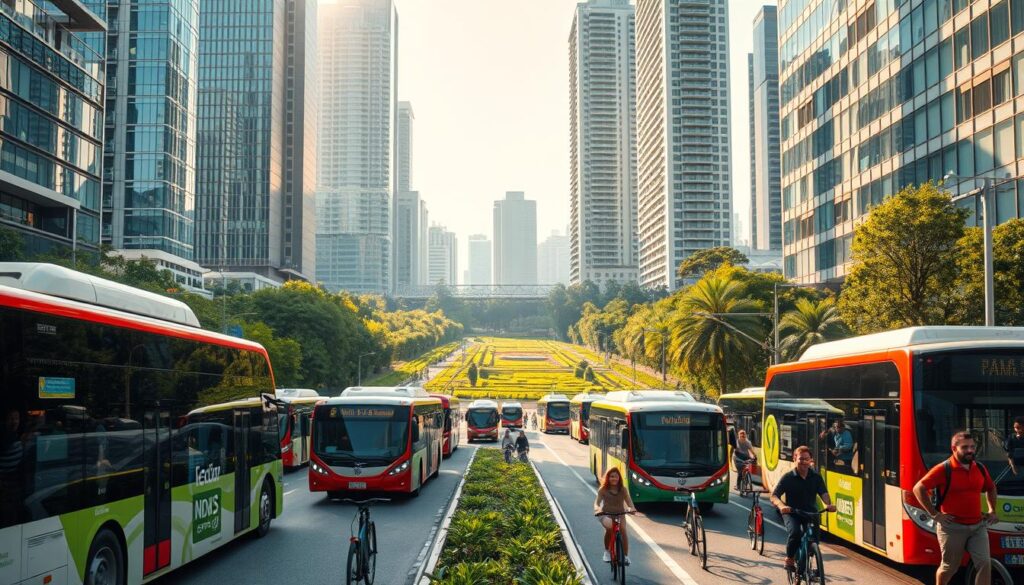 A bustling urban landscape, where electric buses, bicycles, and pedestrians seamlessly coexist in a harmonious flow. The foreground showcases a diverse array of sustainable transportation modes, their sleek designs and vibrant colors creating a visually striking scene. The middle ground features towering skyscrapers adorned with solar panels, their glass facades reflecting the sunlight, symbolizing the integration of renewable energy. In the background, verdant parks and gardens provide a natural respite, with joggers and families enjoying the outdoors. The lighting is soft and warm, creating a sense of comfort and tranquility, while the camera angle captures the dynamic interplay of these elements, conveying a vision of a sustainable and resilient transportation infrastructure.