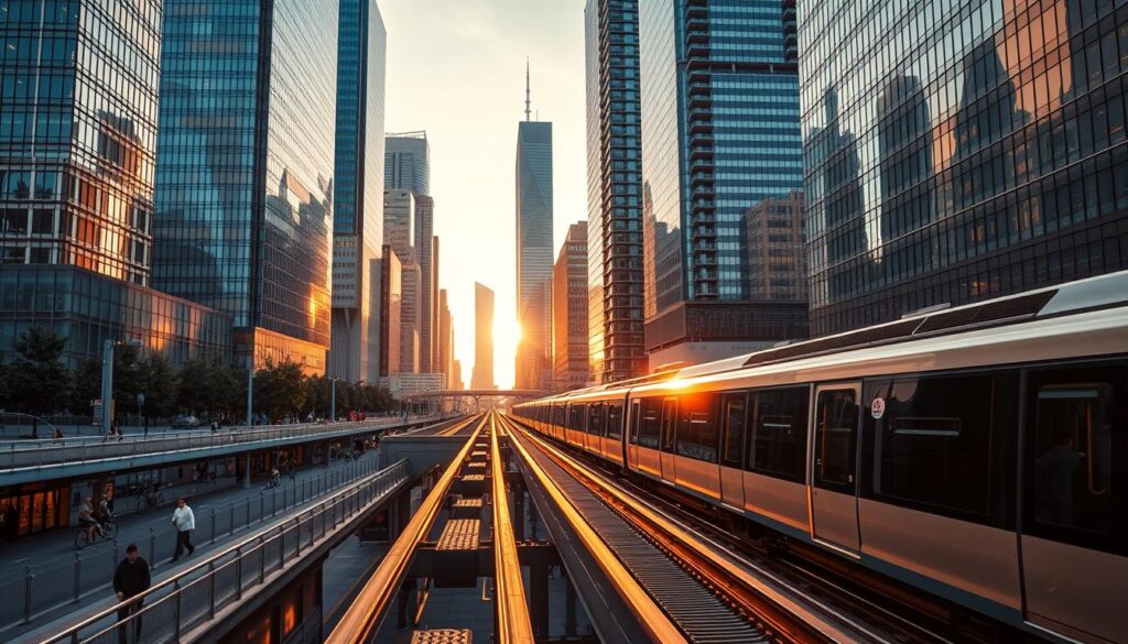 A bustling urban landscape, where metro engineering seamlessly integrates with the city's infrastructure, enhancing the mobility and quality of life for its residents. In the foreground, a sleek, modern metro train glides effortlessly along elevated tracks, its windows reflecting the vibrant cityscape. In the middle ground, pedestrians and cyclists navigate well-designed transit hubs, connecting to various modes of transportation. The background showcases towering skyscrapers, their glass facades gleaming under the warm, golden lighting of the setting sun, casting long shadows that accentuate the dynamic geometry of the cityscape. The scene exudes a sense of efficiency, progress, and a commitment to sustainable urban development.