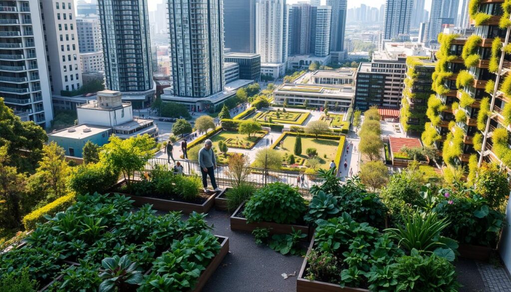 A bustling urban landscape, where towering skyscrapers and concrete structures coexist harmoniously with lush, verdant greenery. In the foreground, a vibrant community garden thrives, with residents tending to raised planter beds overflowing with a variety of leafy vegetables and flowering plants. In the middle ground, a series of interconnected public parks and pedestrian-friendly walkways wind through the city, shaded by mature trees and adorned with colorful flower beds. The background showcases a network of green roofs and vertical gardens, cascading down the facades of modern high-rises, infusing the urban environment with a sense of natural harmony. Warm, diffused sunlight filters through the foliage, casting a gentle glow and creating a tranquil, inviting atmosphere.