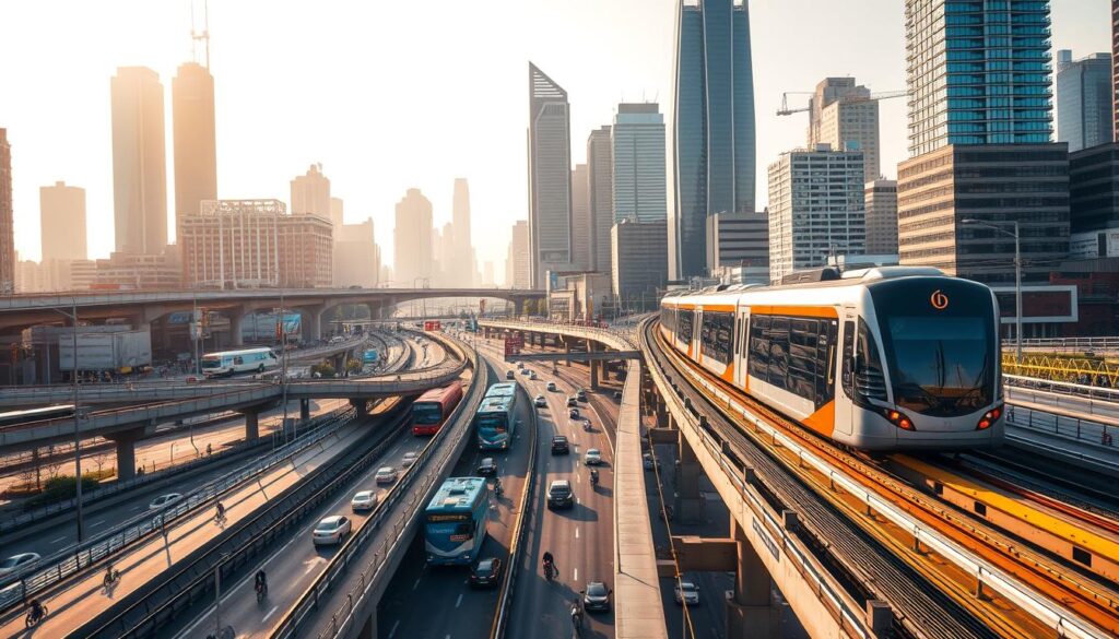 A bustling urban landscape with a comprehensive transportation network. In the foreground, a modern metro train glides along elevated tracks, its sleek design and vibrant colors reflecting the city's energy. In the middle ground, a web of highways and streets teeming with cars, buses, and bicycles, all moving in a choreographed dance. In the background, towering skyscrapers and infrastructure hubs, their angular silhouettes casting long shadows across the scene. Warm, golden sunlight filters through, illuminating the intricate interplay of modes, from the gleaming steel of the metro to the pulsing traffic below. The composition captures the essential elements of a thriving urban transportation system, a vital artery connecting the heart of the city.