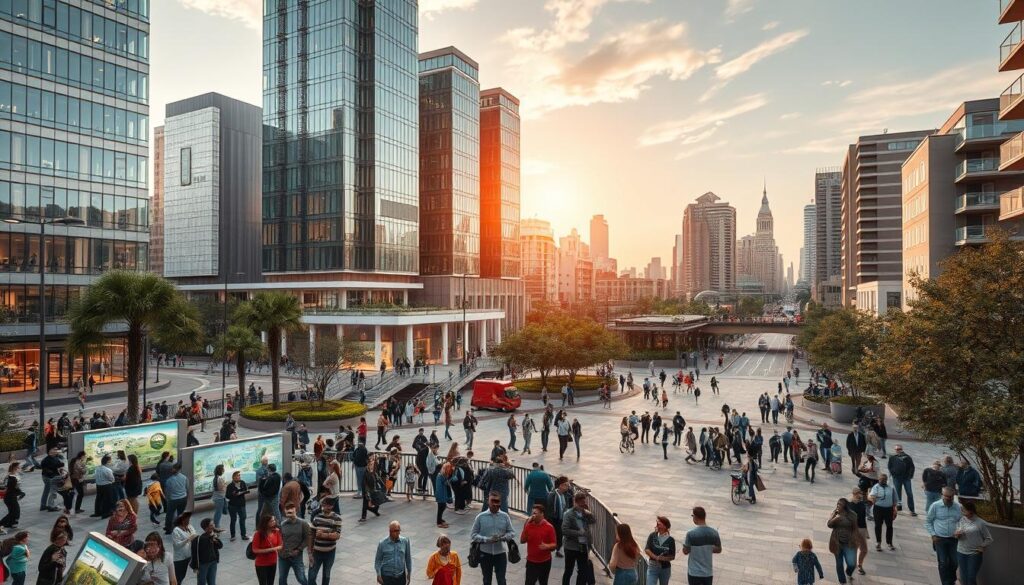 A bustling urban landscape, with a focus on innovative community-driven planning solutions. In the foreground, a vibrant public square bustles with activity - people of diverse backgrounds engage in lively discussions, gathering around interactive displays that showcase sustainable infrastructure and green spaces. In the middle ground, modern high-rise buildings with sleek, energy-efficient designs stand tall, their glass facades reflecting the dynamism of the city. In the background, a network of pedestrian-friendly streets and bike lanes wind through the urban fabric, connecting neighborhoods and promoting active, eco-friendly transportation. Warm, natural lighting bathes the scene, evoking a sense of community, progress, and empowerment.