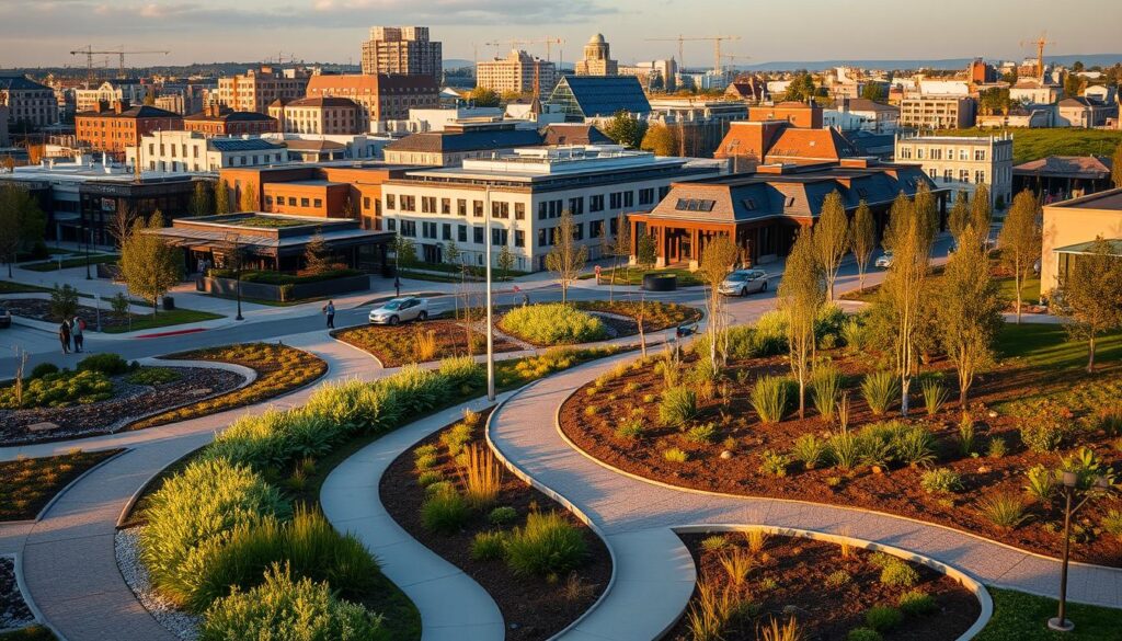 A bustling urban landscape with a focus on stormwater management infrastructure. In the foreground, a network of bioswales, permeable pavements, and rain gardens capture and filter runoff. In the middle ground, modern buildings with green roofs and rain barrels dotting the skyline. In the background, a mixture of traditional and sustainable architecture is illuminated by warm, golden-hour lighting, casting long shadows across the scene. The overall atmosphere conveys a sense of harmony between the built environment and natural water cycles, showcasing innovative solutions for urban stormwater management.