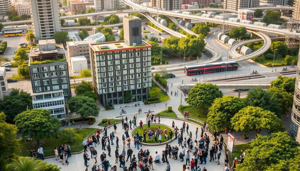 A bustling urban landscape with a focus on sustainable development strategies. In the foreground, a diverse community gathers around a central public plaza, engaged in discussions and collaborative planning. Towering eco-friendly buildings with solar panels and green roofs stand in the middle ground, surrounded by lush greenery and pedestrian-friendly pathways. In the background, a network of public transportation options, including electric buses and bike-sharing stations, weave through the urban fabric. Warm, diffused lighting casts a welcoming glow, and the scene is captured from a slightly elevated angle to convey a sense of inclusivity and community integration.