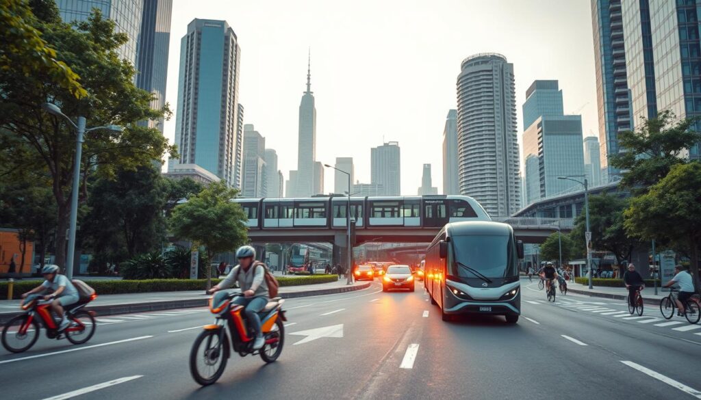 A bustling urban landscape with modern, eco-friendly transportation solutions. In the foreground, electric vehicles and bicycles glide through the streets, their sleek designs and vibrant colors contrasting with the backdrop of lush greenery and towering skyscrapers. The middle ground features an elevated light rail system, its streamlined trains zipping silently past, powered by renewable energy. In the distance, a network of pedestrian-friendly walkways and bike lanes weave through the cityscape, promoting active and sustainable mobility. Soft, warm lighting filters through the scene, creating a sense of harmony and progress. Captured through a wide-angle lens, the image conveys a vision of a thriving, environmentally conscious city of the future.
