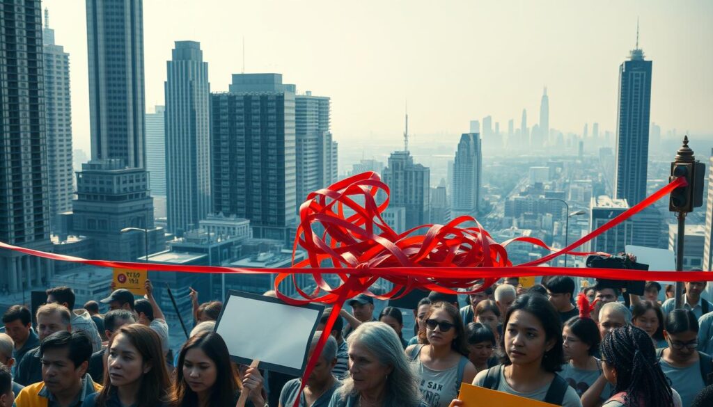 A bustling urban landscape, with towering skyscrapers and a maze of interconnected streets. In the foreground, a group of civil society activists gather, their faces etched with determination. They hold placards and banners, advocating for social and environmental change. The middle ground features a tangle of bureaucratic red tape, symbolizing the administrative hurdles and funding challenges that organizations often face. In the background, a hazy skyline suggests the broader systemic obstacles, such as political apathy and corporate influence, that civil society must navigate. The lighting is a blend of natural daylight and the warm glow of streetlamps, creating a sense of urgency and resilience. The overall atmosphere conveys the resilience and perseverance of civil society organizations as they strive to enact meaningful change.