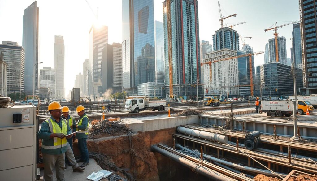A bustling urban landscape with towering skyscrapers and a network of underground utility pipes and cables. In the foreground, a team of utility workers inspects a panel, their hard hats and safety gear reflecting the sunlight. In the middle ground, a construction crew repairs a section of a water main, the trench revealing the complex infrastructure beneath the city streets. In the background, a fleet of service vehicles and cranes stand ready to tackle any maintenance or repair challenges. The scene is bathed in a warm, golden light, conveying a sense of efficiency and diligence in managing the vital utilities that power the city.