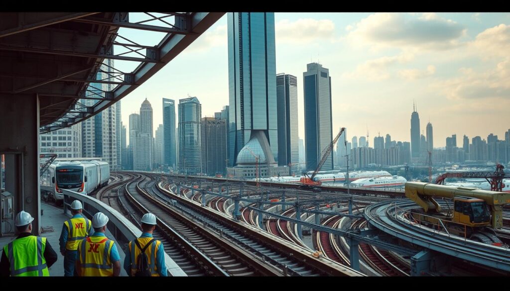 A bustling urban landscape, with towering skyscrapers and intricate railway systems cutting through the heart of the city. In the foreground, engineers in hard hats and safety vests inspect a section of elevated track, scrutinizing the complex web of steel beams and concrete supports. The middle ground features a series of construction cranes and earthmovers, working to expand the metro's underground tunnels and stations. In the background, a panoramic view of the city skyline, bathed in warm, golden hour lighting, serves as a backdrop to the engineering challenges at hand. The scene conveys a sense of scale, complexity, and the sheer technical prowess required to design and build a modern metro system.