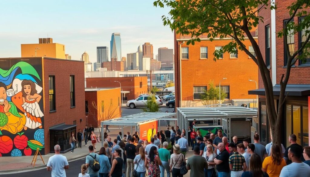 A bustling urban neighborhood, the Detroit Collaborative Design Center stands as a beacon of community-focused engineering success. In the foreground, a vibrant mural adorns the facade, reflecting the diverse local culture. Nearby, a crowd of engaged citizens gathers around an outdoor demonstration, learning about sustainable design solutions tailored to their needs. The middle ground showcases the center's state-of-the-art facilities, where engineers collaborate with residents to create innovative, human-centric infrastructure. In the background, the city skyline rises, a testament to the transformative power of community-driven engineering. Warm, diffused lighting casts a hopeful glow, capturing the spirit of empowerment and collaboration that permeates this inspiring success story.