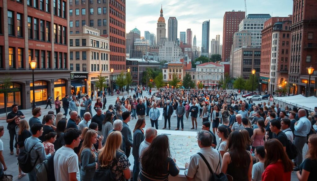 A bustling urban plaza, the heart of community engagement in urban planning. In the foreground, a diverse group of citizens - city planners, architects, local residents - gathered around a large interactive map, discussing ideas and sharing perspectives. Soft, warm lighting illuminates the scene, casting a collaborative atmosphere. In the middle ground, an open town hall meeting is underway, with local officials presenting development plans and fielding questions from an engaged audience. The background showcases the city skyline, a blend of historic and modern architecture, signifying the balance between preservation and progress. An overarching sense of civic pride and collective vision for a better future permeates the scene.