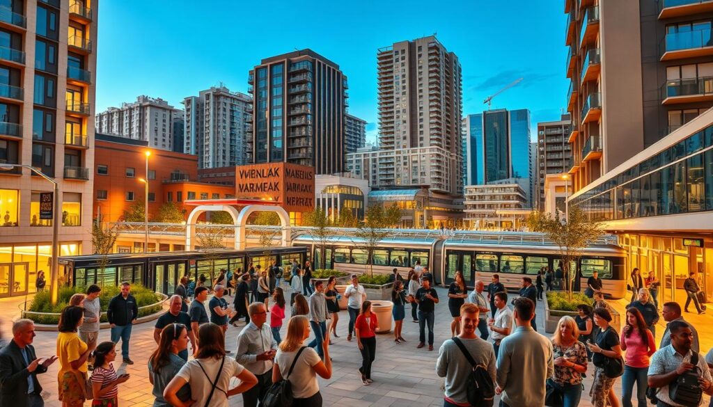 A bustling urban plaza with people engaged in lively discussion, surrounded by modern high-rise buildings and well-connected transit infrastructure. The scene is bathed in warm, golden hour lighting, creating a welcoming and vibrant atmosphere. In the foreground, a diverse group of community members gesticulate animatedly, exchanging ideas and feedback. Nearby, commuters flow through a sleek, glass-enclosed transit hub, effortlessly transitioning between modes of transportation. The middle ground features carefully curated landscaping and public art installations, fostering a sense of place and community. In the background, the skyline is dotted with sustainable, mixed-use developments, showcasing the integration of residential, commercial, and transit elements.