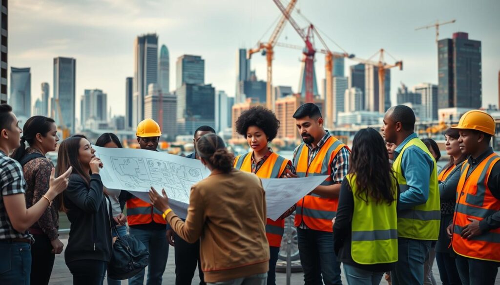 A bustling urban scene of community engagement in a civil engineering project. In the foreground, a group of diverse citizens gathered around a large blueprint, collaborating and gesturing animatedly. The middle ground features construction workers and engineers in high-visibility vests, working together to bring the plans to life. In the background, a modern skyline of towering skyscrapers and cranes, symbolizing the transformation of the city's infrastructure. Warm, diffused lighting casts a collaborative and inclusive atmosphere, as the community members participate in the decision-making process for this vital public works initiative.