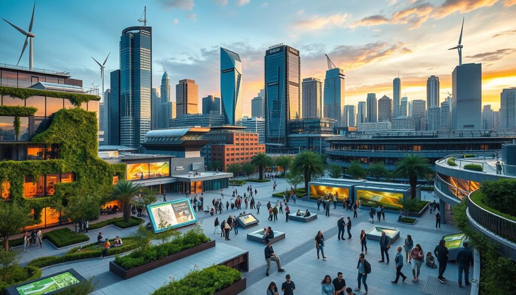 A bustling urban scene showcasing innovative sustainable technologies and community engagement. In the foreground, a modern public plaza is filled with people enjoying green spaces, solar-powered benches, and interactive touchscreens displaying city planning information. In the middle ground, energy-efficient buildings with living walls and rooftop gardens surround the plaza. The background features towering skyscrapers with wind turbines and solar panels, complemented by a vibrant skyline illuminated by warm, natural lighting. The overall atmosphere conveys a sense of environmental consciousness, technological advancement, and active community involvement in shaping a sustainable urban future.