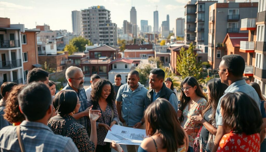 A bustling urban scene with a diverse community actively participating in the development of their neighborhood. In the foreground, a group of residents engaged in a lively discussion, gesturing animatedly as they collaborate on plans for a new community center. The middle ground features a mix of modern and traditional architecture, reflecting the area's blend of old and new. Warm, natural lighting illuminates the scene, creating a welcoming and inclusive atmosphere. In the background, a towering skyline serves as a backdrop, hinting at the larger urban context. The overall composition conveys a sense of empowerment, as the community takes an active role in shaping the future of their shared living space.
