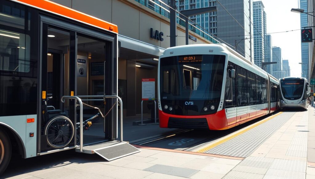 A bustling urban scene with a modern, accessible public transportation system. In the foreground, a wheelchair-friendly bus with a ramp for easy boarding. In the middle ground, a subway station with elevators and tactile paving for visually impaired passengers. In the background, a light rail train glides along elevated tracks, its sleek design complementing the cityscape. The lighting is bright and natural, capturing the energy and vibrancy of the scene. The camera angle is slightly elevated, providing a comprehensive view of the integrated, inclusive public transit infrastructure.