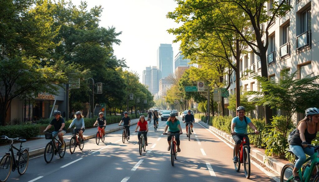 A bustling urban street, lined with lush greenery and wide, well-marked bike lanes. Cyclists of all ages and abilities confidently navigate the smooth, asphalt paths, weaving through the flow of traffic. Sunlight filters through the overhead canopy, casting a warm, inviting glow on the scene. In the distance, modern, energy-efficient buildings rise, seamlessly integrated into the bike-friendly infrastructure. The atmosphere exudes a sense of harmony and community, where sustainable transportation thrives, and the city embraces a culture of active, healthy living.