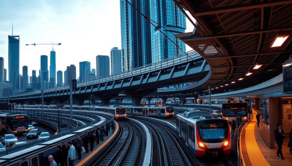 A bustling urban transit network, with modern trains and buses gliding through the city streets. In the foreground, a well-lit station platform, passengers waiting patiently under the warm glow of overhead lights. Surveillance cameras and digital signage provide a sense of security and efficiency. In the middle ground, a network of elevated rail tracks and overpasses, their sleek, angular designs casting dynamic shadows. The background features a skyline of towering skyscrapers, their glass facades reflecting the vibrant city life. The scene conveys a sense of order, safety, and seamless integration of public transportation, all essential elements for a thriving, modern urban landscape.
