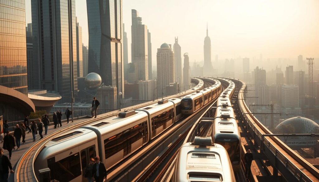 A bustling urban transit network, with sleek and modern trains gliding along elevated tracks against a backdrop of towering skyscrapers and futuristic architecture. The scene is bathed in a warm, golden light, casting dramatic shadows and highlighting the interplay of form and function. In the foreground, passengers hurry along the platform, their reflections mirrored in the polished surfaces of the trains. The middle ground features a series of interconnected stations, their geometric designs and streamlined aesthetics suggesting a well-planned, efficient system. In the distance, the cityscape recedes into a hazy, vibrant horizon, conveying a sense of scale and the integrated nature of this dynamic transportation network.