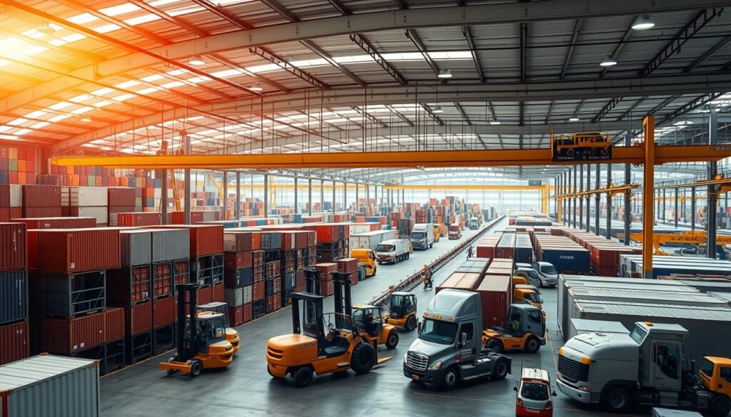 A bustling warehouse with rows of stacked cargo containers, bathed in warm, diffused lighting from overhead skylights. In the foreground, a fleet of forklifts and delivery trucks efficiently move freight, their drivers coordinating seamlessly via digital displays. In the middle ground, logistics managers oversee operations, analyzing real-time data on supply chain efficiency. The background reveals a panoramic view of the facility, with conveyors, cranes, and a network of interconnected pathways, all working in harmony to optimize the flow of goods.