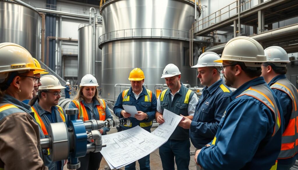 A bustling wastewater treatment facility, with engineers and technicians in hard hats and safety gear, collaborating on the latest advancements. In the foreground, a group of trainees observing a hands-on demonstration of a new flow control system, their faces alight with curiosity. In the middle ground, seasoned professionals review design schematics, discussing strategies to optimize energy efficiency and water reuse. The background features a towering clarifier tank, its stainless steel surfaces gleaming under soft, diffused lighting, symbolizing the technological prowess of the industry. An atmosphere of innovation and learning pervades the scene, capturing the essence of workforce development in the critical field of wastewater engineering.