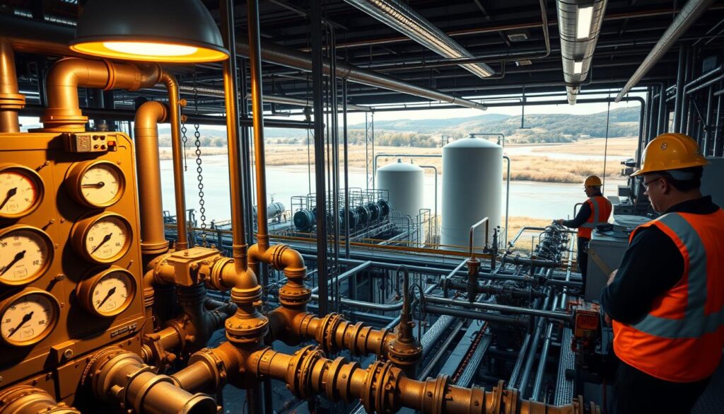 A bustling water treatment plant, with technicians in hard hats and reflective vests tending to the complex network of pipes, valves, and filtration systems. The foreground features close-up views of the intricate machinery, with dials, gauges, and control panels showcasing the systems in operation. The middle ground reveals the expansive layout of the facility, with towering storage tanks and chemical treatment units. In the background, a glimpse of the surrounding landscape, perhaps a river or lake, serves as the water source for this essential infrastructure. The lighting is a mix of natural daylight and industrial-grade lamps, casting a warm, functional glow over the scene. The overall atmosphere conveys the importance of meticulous maintenance and the critical role played by water supply systems in supporting communities.